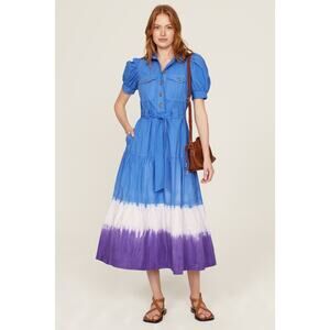Derek Lam Blue Dip Dye Short Sleeve Belted Shirt Midi Dress Size 0
